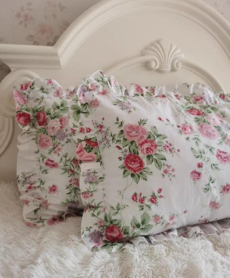 Kolachic Country Rose Roses Pink Floral Print Pillowcases Vintage Ruffles Bedding Pillow Covers Cotton Fabric Material Standard - Image 2
